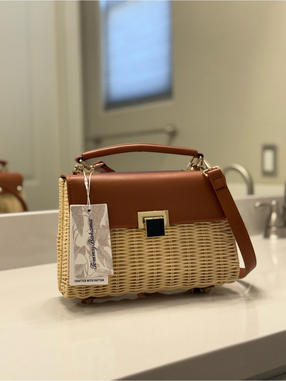 Tommy Bahama Tan Leather & Natural Rattan Top-Handle Satchel NWT